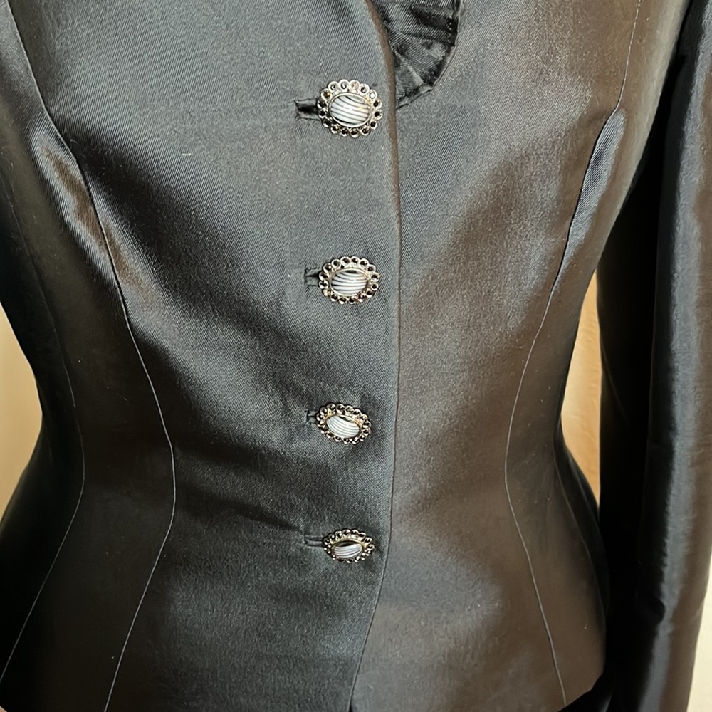 Black silk shantung power goth suit Wednesday Addams